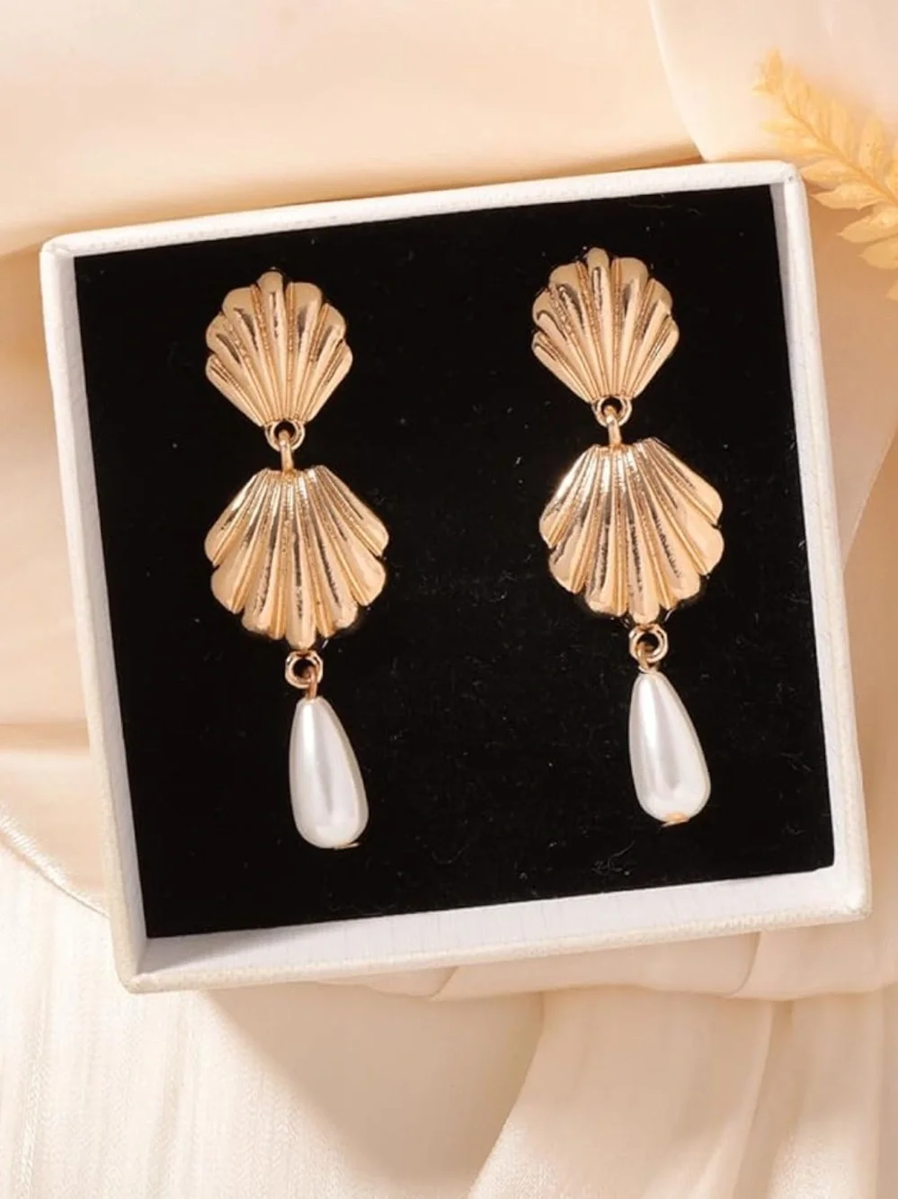 Zara Gold Shell Drop Earrings with White Pearl Teardrops